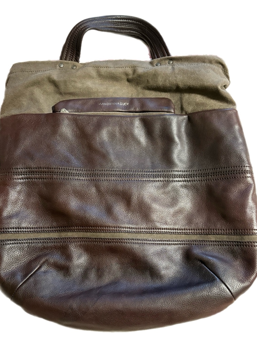 Vintage Mandarina Duck Dark Brown Leather & Canvas Tote Bag Shoulder Bag